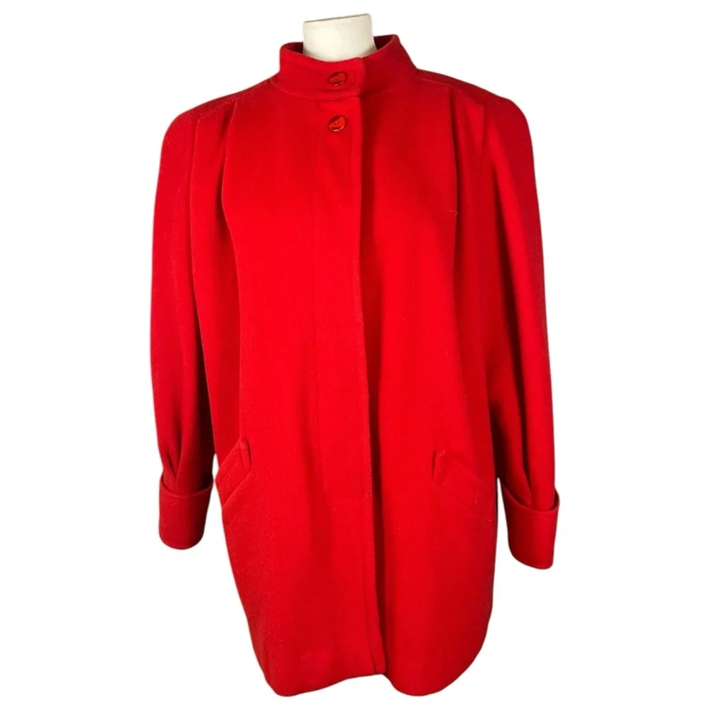 100% Wool Swing Coat Cape coat, size unknown. Vintage red stand up high collar - Picture 2 of 16